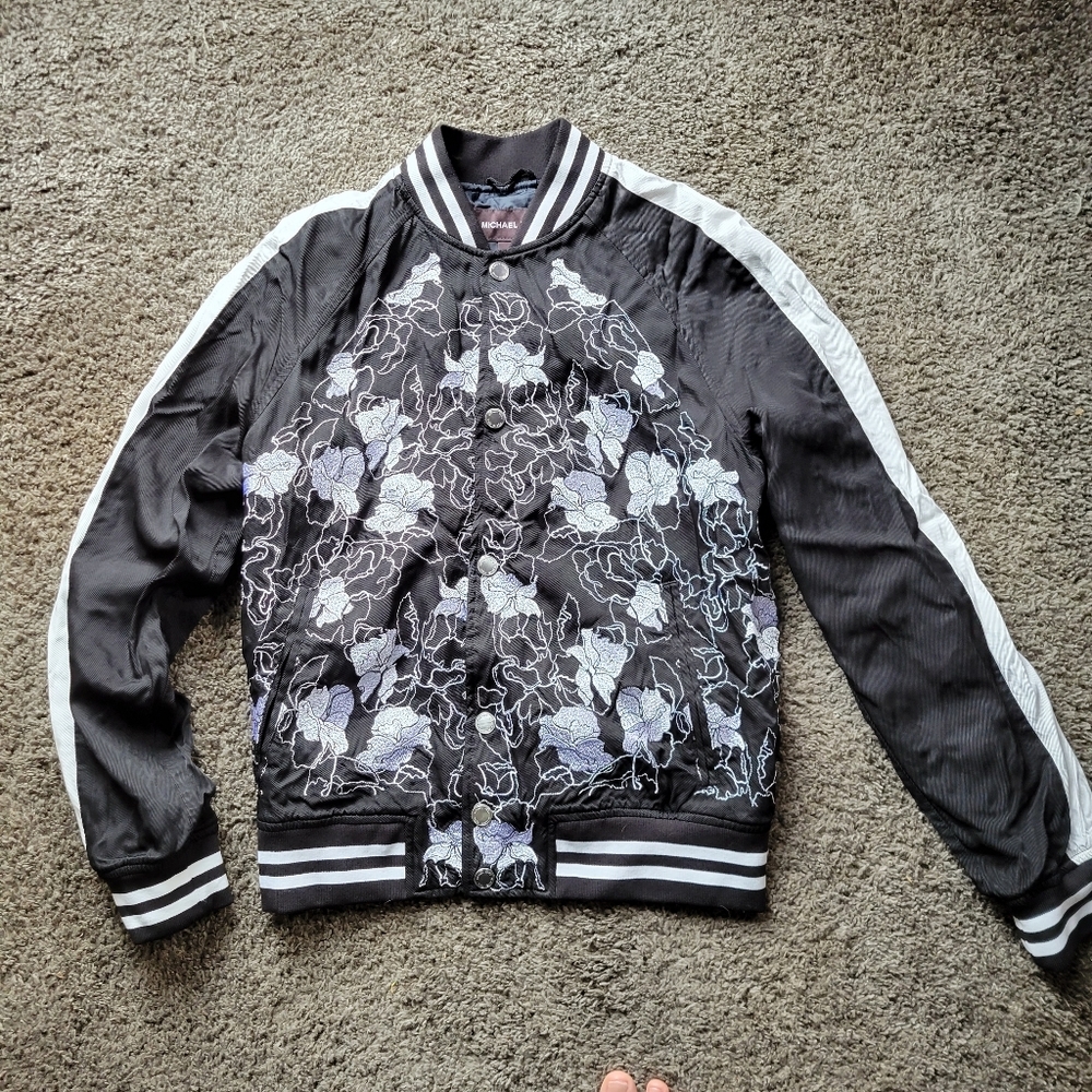 Michael Kors Black Embroidered Floral Bomber Varisty Jacket Size Small
